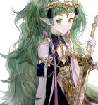  1girl braid fire_emblem fire_emblem:_three_houses green_eyes green_hair holding holding_sword holding_weapon long_hair pieces_fe3h pointy_ears ribbon_braid simple_background solo sothis_(fire_emblem) sword sword_of_the_creator tiara twin_braids upper_body weapon white_background 