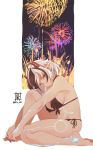  1girl breasts fireworks hibana_(xenoblade_2) highres horns large_breasts sou_(pale_1080) sweat swimsuit xenoblade_(series) 