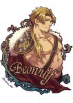  1boy alternate_costume alternate_design alternate_hairstyle bangs bara beowulf_(fate/grand_order) blonde_hair character_name chest cup facial_hair fate/grand_order fate_(series) goatee long_hair male_focus manly muscle nipples pectorals red_eyes scar shirtless solo tattoo upper_body yamanome 