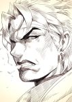  1boy angry breath clenched_teeth dio_brando earrings fang greyscale hairband hoop_earrings jewelry jojo_no_kimyou_na_bouken looking_at_viewer male_focus monochrome portrait solo stardust_crusaders tasaka_shinnosuke teeth 