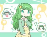  2girls :&gt; ^_^ ai-chan_(magia_record) bangs blunt_bangs blush clenched_hand closed_eyes cosplay curly_hair eyebrows_visible_through_hair facing_viewer futaba_sana futaba_sana_(cosplay) green_eyes green_hair green_ribbon green_sweater green_theme hair_ornament hand_on_own_chest hand_up happy head_tilt heart long_hair looking_at_viewer magia_record:_mahou_shoujo_madoka_magica_gaiden mahou_shoujo_madoka_magica multiple_girls nightgown no_eyes open_mouth pajamas pale_skin pom_pom_(clothes) reverse_(bluefencer) ribbon scrunchie shaded_face shiny shiny_hair sidelocks sleeves_past_wrists smile speech_bubble spoken_character star_(symbol) star_hair_ornament sweater tareme twintails yellow_nightgown yellow_scrunchie 