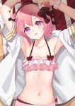  absurdres ahoge amco armpits arms_up azur_lane bangs bikini black_bow black_hairband bow collarbone commentary_request frilled_bikini frills hair_between_eyes hairband highres jacket looking_at_viewer lying navel on_back open_clothes open_jacket parted_lips pink_hair purple_eyes saratoga_(azur_lane) scrunchie short_hair short_sleeves stomach swimsuit white_jacket white_scrunchie wrist_scrunchie 