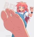  1girl aqua_eyes barefoot blush bracelet feet foreshortening highres jewelry long_hair original overalls oyatsu_(mk2) pink_hair pov pov_feet shirt simple_background smile soles solo spiked_hair t-shirt toes very_long_hair 