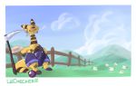  absurd_res ampharos blush clothing digital_media_(artwork) dungaree fan_character hat headgear headwear hi_res hoe hooves horn lechecker mareep nintendo overalls pok&eacute;mon pok&eacute;mon_(species) smile solo standing straw_hat tools video_games yellow_body 