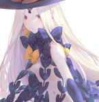  1girl abigail_williams_(fate/grand_order) areola_slip areolae bow bowtie breasts fate/grand_order fate_(series) hat io_(io_oekaki) keyhole long_hair looking_at_viewer navel open_mouth pale_skin purple_eyes revealing_clothes simple_background solo very_long_hair white_background white_hair witch_hat 