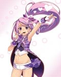  1girl :d armpits bow cowboy_shot cure_sword dokidoki!_precure earrings fingerless_gloves floating_hair gloves hair_bow hand_up heart high_ponytail idol jewelry kenzaki_makoto long_hair looking_at_viewer micro_shorts microphone navel necktie open_mouth precure purple_bow purple_eyes purple_hair purple_neckwear purple_vest shorts smile solo standing tasaka_shinnosuke vest white_gloves white_shorts 