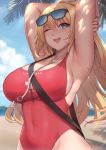  1girl armpits atago_(kantai_collection) beach blonde_hair blue_eyes blue_sky blush breasts cloud covered_navel day highres kakeku kantai_collection large_breasts lifeguard long_hair looking_at_viewer one-piece_swimsuit open_mouth outdoors red_swimsuit sky smile solo swimsuit wet whistle whistle_around_neck 