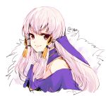  1girl closed_mouth fire_emblem fire_emblem:_three_houses fire_emblem_heroes fur_trim hair_ornament long_hair lysithea_von_ordelia naho_(pi988y) pink_eyes simple_background smile solo twitter_username upper_body white_background white_hair 