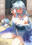  1girl ahoge bangs bare_shoulders blue_hair blue_kimono blush breasts cup daifuku_(lamy_channel) drunk eyebrows_visible_through_hair flower fur_trim hair_between_eyes hair_flower hair_ornament highres holding holding_cup hololive indoors japanese_clothes kimono large_breasts long_hair looking_at_viewer obi off_shoulder open_mouth pointy_ears roco_(rocoroco1115) sash sitting smile solo sweat thighs virtual_youtuber wariza yellow_eyes yukihana_lamy 
