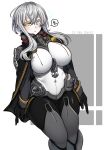  1girl black_cape black_gloves blue_eyes blush breasts cape chain feet_out_of_frame gloves hair_between_eyes heterochromia highres kantai_collection large_breasts long_hair long_sleeves navel pale_skin parted_lips ryuun_(stiil) shinkaisei-kan solo white_hair wo-class_aircraft_carrier yellow_eyes 
