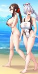  2girls :d ^_^ ao_banana areola_slip areolae beach black-framed_eyewear black_hair braid breasts closed_eyes competition_swimsuit consort_yu_(fate) covered_navel day fate/grand_order fate_(series) from_side full_body hair_between_eyes hair_ornament hair_ribbon hair_scrunchie holding_hands large_breasts long_hair multiple_girls ocean one-piece_swimsuit open_mouth outdoors ponytail profile ribbon scrunchie silver_hair single_braid slingshot_swimsuit smile standing swimsuit tomoe_(symbol) tomoe_gozen_(fate/grand_order) very_long_hair 