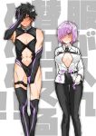  1boy 1girl asymmetrical_legwear bangs bare_shoulders black_hair blue_eyes blush breasts chaldea_uniform cosplay costume_switch embarrassed erection erection_under_clothes fate/grand_order fate_(series) fujimaru_ritsuka_(male) fujimaru_ritsuka_(male)_(cosplay) full-face_blush futanari gloves hair_over_one_eye highres lavender_hair looking_away mash_kyrielight mash_kyrielight_(cosplay) medium_breasts navel pectorals purple_eyes purple_hair short_hair sister_of_brother thighhighs toned toned_male 