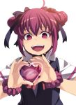  1girl :d black_border border character_request copyright_request double_bun hands_up heart heart-shaped_pupils heart_hands looking_at_viewer open_mouth precure red_eyes red_hair scrunchie short_hair short_sleeves simple_background smile solo symbol-shaped_pupils tasaka_shinnosuke white_background wrist_scrunchie 
