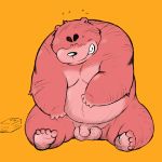 1:1 2007 anthro balls blush eyes_closed flaccid fur genitals male mammal overweight overweight_anthro overweight_male penis red_body red_fur simple_background sitting solo ursid wantaro yellow_background 
