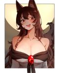  1girl animal_ear_fluff animal_ears breasts brooch brown_eyes brown_hair cleavage dress full_moon highres imaizumi_kagerou jewelry large_breasts long_hair long_sleeves moon off-shoulder_dress off_shoulder saple solo tail tongue tongue_out touhou upper_body upper_teeth very_long_hair white_dress wolf_ears wolf_tail 