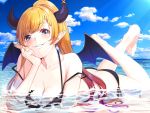  1girl ass bangs barefoot bikini black_bikini black_horns blonde_hair blue_eyes blue_sky blush breasts cleavage cloud cloudy_sky collarbone commentary_request demon_girl demon_horns demon_wings eyebrows_visible_through_hair feet_up grin halterneck hand_on_own_cheek hololive horizon horns large_breasts long_hair looking_at_viewer lying mikan_(chipstar182) multicolored_hair ocean on_stomach partially_submerged pointy_ears ponytail red_hair sky smile solo strap_slip swimsuit two-tone_hair virtual_youtuber wings yuzuki_choco 