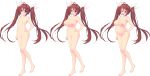  1girl absurdres ahoge barefoot blush breasts brown_hair eyebrows_visible_through_hair full_body hair_intakes hand_on_hip highres large_breasts long_hair navel nipples no_pussy nude open_mouth pregnant purple_eyes small_breasts transparent_background twintails variations 