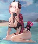  1girl :t arm_strap arm_support bangs bare_shoulders barefoot bikini black_bikini blonde_hair blush breasts choker cleavage cloud cloudy_sky day dinergate_(girls_frontline) eyebrows_visible_through_hair flower girls_frontline hair_between_eyes headgear kneeling large_breasts long_hair looking_at_viewer m4_sopmod_ii_(girls_frontline) mechanical_arm mod3_(girls_frontline) multicolored_hair navel outdoors pink_hair pout red_eyes ro635_(dinergate) ru_zhai side-tie_bikini sitting sky solo stomach streaked_hair string_bikini swimsuit thigh_strap thighs water wet 