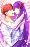  1boy 1girl absurdres arms_around_neck bangs cherry_blossoms couple emiya_shirou exa_(koyuru) eyebrows_visible_through_hair fate/stay_night fate_(series) flower hair_ribbon happy heaven&#039;s_feel highres long_hair long_sleeves matou_sakura open_mouth orange_hair plum_blossoms purple_hair red_ribbon ribbon shirt smile spring_(season) tree very_long_hair white_shirt 