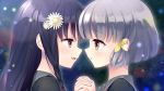  2girls black_hair blush braids close flowers game_cg gray_hair headdress hiraoka_mutsuki kamitsure_~7_no_nijou_fushigi~ long_hair mizuki_kotora red_eyes school_uniform short_hair shoujo_ai twintails yurigaoka_nanami 