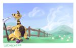  absurd_res ampharos blush clothing digital_media_(artwork) fan_character hat headgear headwear hi_res hoe hooves horn lechecker mareep nintendo pok&eacute;mon pok&eacute;mon_(species) smile solo standing straw_hat tools video_games yellow_body 