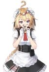  animal_on_head apron bangs black_skirt blonde_hair blue_eyes braid cat cat_on_head cowboy_shot eyebrows_visible_through_hair g36_(girls_frontline) girls_frontline gloves hands_up long_hair looking_at_viewer maid_headdress mixed-language_commentary on_head pouch puffy_short_sleeves puffy_sleeves red_neckwear shirt short_sleeves skirt standing vikpie white_gloves white_shirt 