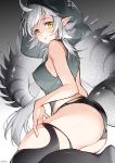  1girl absurdres ahoge arknights artist_name ass bangs bare_arms bare_shoulders black_legwear breasts commentary highres hood large_tail long_hair looking_at_viewer medium_breasts parted_lips pointy_ears shao_(shaorouhong) silver_hair sleeveless solo tail thick_thighs thighhighs thighs tomimi_(arknights) yellow_eyes 