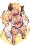  1girl ahoge anila_(granblue_fantasy) bangs bikini blonde_hair blush breasts cleavage detached_sleeves draph flower granblue_fantasy hair_flower hair_ornament highres horns large_breasts long_hair looking_at_viewer navel one_eye_closed open_mouth sandals sheep_horns shinozuka_atsuto smile solo swimsuit tan thick_eyebrows white_bikini wide_sleeves yellow_eyes 