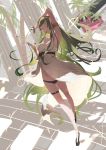  1girl arm_up armpits bangs black_panties breasts cleopatra_(fate/grand_order) dress fate/grand_order fate_(series) full_body green_eyes green_hair hairband highres kuronoiparoma long_hair looking_at_viewer panties plant potted_plant short_sleeves solo underwear white_dress 