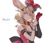  animal_ears bare_shoulders blonde_hair blush bow braid breasts closed_mouth collarbone detached_sleeves facial_mark fox_ears fox_girl gloves hair_between_eyes hair_over_shoulder hat heart heart-shaped_pupils hololive jester_cap long_hair looking_at_viewer medium_breasts multicolored_hair omaru_polka pink_hair purple_eyes red_gloves simple_background single_sleeve sketch symbol-shaped_pupils upper_body virtual_youtuber white_background yoshida_on 
