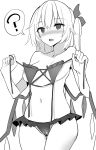  1girl ? @_@ bikini bikini_removed bikini_top blush bow breasts cameltoe collarbone cowboy_shot d: disconnected_mouth embarrassed eyebrows_visible_through_hair eyes_visible_through_hair flandre_scarlet frilled_bikini frills greyscale hair_between_eyes hair_bow hands_up highres holding holding_bikini_top kamukamu_(ars) legs_together looking_to_the_side medium_breasts medium_hair monochrome navel nipples one_side_up open_mouth partially_visible_vulva simple_background solo speech_bubble spoken_question_mark standing sweatdrop swimsuit topless touhou white_background 