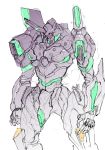  clenched_hand eva_01 highres horns looking_down matutoya mecha neon_genesis_evangelion no_humans open_hand redesign single_horn sketch solo standing white_background yellow_eyes 
