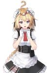  animal_on_head apron bangs black_skirt blonde_hair blue_eyes braid cat cat_on_head cowboy_shot eyebrows_visible_through_hair g36_(girls_frontline) girls_frontline gloves hands_up long_hair looking_at_viewer maid_headdress mixed-language_commentary on_head open_mouth pouch puffy_short_sleeves puffy_sleeves red_neckwear shirt short_sleeves skirt standing vikpie white_gloves white_shirt 