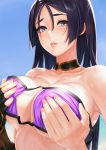  1girl bangs bare_shoulders bikini black_gloves blush breasts choker cleavage collarbone eyepatch_bikini fate/grand_order fate_(series) fingerless_gloves gloves kazakami_yuu large_breasts long_hair looking_at_viewer minamoto_no_raikou_(fate/grand_order) minamoto_no_raikou_(swimsuit_lancer)_(fate) parted_bangs parted_lips purple_bikini purple_eyes purple_hair single_glove swimsuit very_long_hair wet 