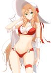  1girl ass_visible_through_thighs bare_shoulders bikini blonde_hair breasts choker cleavage drill_hair fn-49_(girls_frontline) girls_frontline green_eyes hand_up hat long_hair looking_at_viewer medium_breasts navel off_shoulder red_bikini signature simple_background solo stomach sun_hat swimsuit thigh_strap thighs twin_drills unel very_long_hair white_background white_headwear 