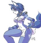  2019 accessory anthro armor blue_body blue_fur blue_hair bra bracelet canid canine clothing digital_drawing_(artwork) digital_media_(artwork) ear_piercing female fox fur gauntlets gloves hair handwear headband j-fujita jewelry krystal loincloth mammal monochrome multicolored_body multicolored_fur necklace nintendo piercing signature solo star_fox tailband text underwear video_games white_body white_fur 