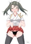  1girl ass_visible_through_thighs black_panties blush dark_green_hair eyebrows_visible_through_hair green_eyes hair_ribbon hakama_skirt japanese_clothes kamekame1208 kantai_collection lifted_by_self long_hair looking_at_viewer open_mouth panties ribbon simple_background skirt skirt_lift smile solo thighhighs twintails underwear white_background yellow_eyes zuikaku_(kantai_collection) 