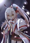  1girl absurdres ayanami_(azur_lane) ayanami_(pulse_of_the_new_year)_(azur_lane) azur_lane bare_shoulders blurry bow choker claw_pose collarbone commentary_request depth_of_field ema hair_bow hair_ornament hair_ribbon hairclip headgear highres juiceneko leaning_forward long_hair looking_at_viewer mask mask_on_head moonlight mouse_mask night night_sky off_shoulder petals pleated_skirt ponytail ribbon shade skirt sky sleeves_past_wrists smile solo star_(sky) starry_sky thighhighs white_legwear wide_sleeves zettai_ryouiki 