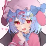  1girl :d alternate_costume arm_up bangs bat_wings blue_bow blue_bowtie blush bow bowtie commentary_request crossed_bangs dot_nose dress eyebrows_visible_through_hair eyelashes fang frilled_sleeves frills fuua_(fxae3875) hair_ornament hairclip hat hat_bow hat_ribbon highres light_blue_hair long_sleeves mob_cap open_mouth pink_dress pink_headwear red_bow red_eyes red_ribbon remilia_scarlet ribbon shiny shiny_hair short_hair simple_background skin_fang smile solo standing touhou white_background wings 