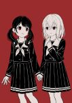  2girls bang_dream! bangs closed_mouth eye_contact eyebrows_visible_through_hair futaba_tsukushi hair_between_eyes hand_up holding_hands kurata_mashiro long_hair long_sleeves looking_at_another monochrome multiple_girls neckerchief parted_lips pleated_skirt red_background red_eyes saiko_dagashi sailor_collar school_uniform serafuku shirt simple_background skirt smile standing twintails 