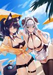  2girls absurdres animal_ears apron bare_shoulders between_breasts bikini black_bikini black_hair black_legwear black_shorts blue_eyes blue_sky breasts candy cleavage day detached_collar food food_in_mouth ghost_cc hair_ornament hair_scrunchie hairband highres horns large_breasts lollipop long_hair medium_breasts micro_shorts multicolored_hair multiple_girls open_fly original outdoors ponytail red_eyes red_hair scrunchie shirt shorts silver_hair sky standing streaked_hair summer swimsuit tail thigh_gap thigh_strap thighhighs tied_shirt yellow_scrunchie 