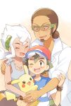  1girl 2boys baseball_cap black_hair blush brown_eyes brown_hair burnet_(pokemon) closed_eyes couple dark_skin dark_skinned_male family gen_1_pokemon glasses hat highres hug jewelry kukui_(pokemon) mei_(maysroom) multiple_boys one_eye_closed open_mouth pikachu pokemon pokemon_(anime) pokemon_(creature) pokemon_sm_(anime) ring satoshi_(pokemon) spiked_hair tagme upper_teeth wedding_ring white_hair z-ring 