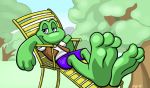  2018 3_fingers 3_toes amphibian anthro barefoot blue_eyes bottomwear chair cheesybear clothed clothing feet fingers foot_fetish foot_focus frog frogger frogger_(character) furniture grass green_body green_feet green_fingers green_hands green_nose green_skin green_toes half-closed_eyes looking_at_viewer male narrowed_eyes outside relaxing shirt shorts sitting sky smile solo toes topwear tree vest video_games 