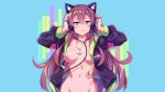  animal_ears bandaid blue breasts brown_hair headphones long_hair mmrailgun navel necklace no_bra nopan open_shirt original purple_eyes 