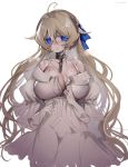  1girl ahoge blonde_hair blood blue_eyes breasts bruise cleavage collarbone copyright_request crying crying_with_eyes_open dress elbow_gloves empty_eyes eyebrows_visible_through_hair gloves highres huge_breasts ikunix02 injury long_hair parted_lips simple_background solo tears white_background white_dress 