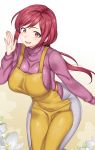  1girl absurdres apron breasts eyebrows_visible_through_hair flower gradient gradient_background highres large_breasts lips looking_at_viewer mole mole_under_mouth original pink_sweater ponytail red_eyes red_hair smile solo sweater teeth turtleneck turtleneck_sweater yakimi_27 yellow_apron 