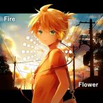  1boy bag blonde_hair blue_eyes carrying_bag cloud commentary fire_flower_(vocaloid) from_side hana_(mew) headphones kagamine_len looking_at_viewer looking_to_the_side male_focus outdoors parted_lips short_ponytail short_sleeves shoulder_bag silhouette solo song_name spiked_hair tree twilight upper_body utility_pole vocaloid 