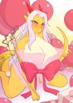  aisyah_zaskia_harnny ameryukira angry annoyed anthro balloon big_breasts bow breasts clothing dragon dress female gift gradient_background hair holding_object holding_tail horn jewelry long_hair looking_at_viewer simple_background solo sparkles yellow_body 