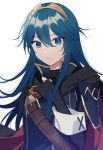  1girl armor belt black_cape black_gloves black_sweater blue_eyes blue_hair breastplate cape closed_mouth commentary_request eyebrows_visible_through_hair fingerless_gloves fire_emblem fire_emblem_awakening gloves hair_between_eyes hand_on_own_chest long_hair long_sleeves looking_at_viewer lucina_(fire_emblem) multicolored multicolored_cape multicolored_clothes red_cape ribbed_sweater ryon_(ryonhei) shoulder_armor simple_background solo sweater symbol-shaped_pupils tiara turtleneck turtleneck_sweater white_background 