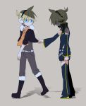  2boys asymmetry_(module) belt black_legwear black_pants black_shirt blonde_hair blue_eyes boots commentary dual_persona earmuffs fur-trimmed_boots fur-trimmed_jacket fur_trim head_down headphones headset ichiha_(18o_o81) jacket kagamine_len knee_boots looking_at_another looking_back male_focus multiple_boys neckerchief orange_neckwear pants project_diva_(series) punkish_(module) shadow shirt shirt_tug short_ponytail short_shorts shorts spiked_hair symbol_commentary thighhighs tug vocaloid waist_cutout 